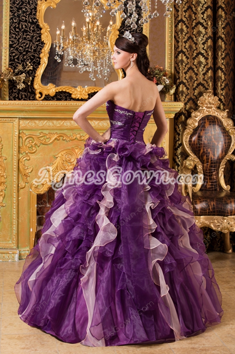 Adorable Dipped Neckline Purple And Pink Organza Ball Gown Quinceanera Dress  