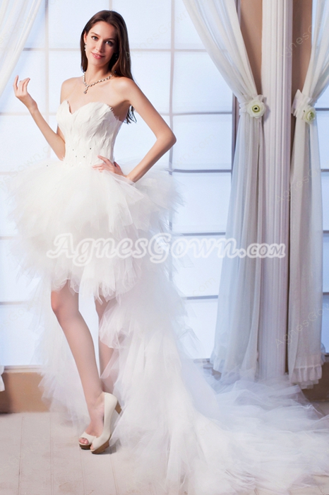Modern Sweetheart Feathered Bodice High Low Celebrity Wedding Dress 