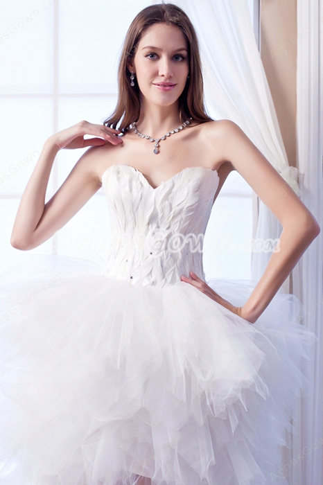 Modern Sweetheart Feathered Bodice High Low Celebrity Wedding Dress 
