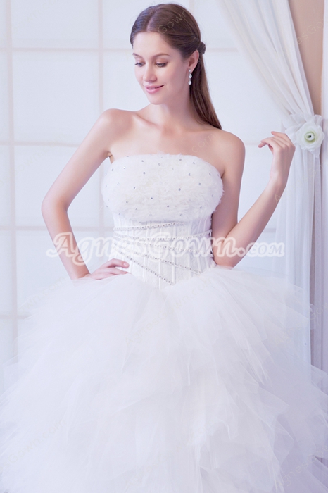 Dazzling Strapless White Tulle Puffy Wedding Dress With Multi Layered 
