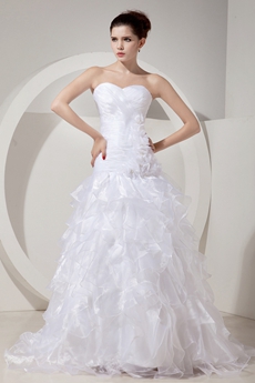 Classy Sweetheart White Organza Ruffled Wedding Dress Dropped Waist 