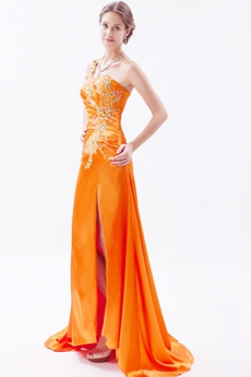 Wonderful One Straps Burnt Orange Celebrity Evening Dress High Slit 