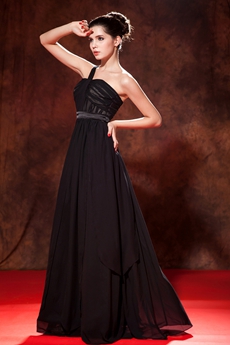 Modest One Shoulder A-line Black Chiffon Prom Dress 