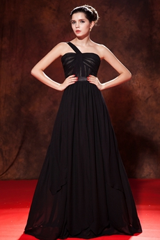 Modest One Shoulder A-line Black Chiffon Prom Dress 