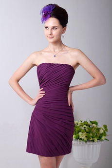 Fitted Mini Length Grape Chiffon Pleated Cocktail Dress 