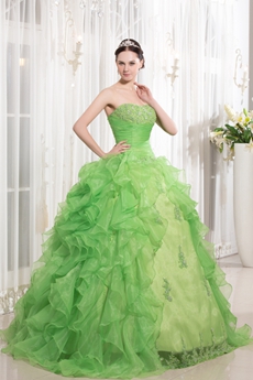 Beautiful Dipped Neckline Ball Gown Ruffled Organza Lime Green Quinceanera Dress