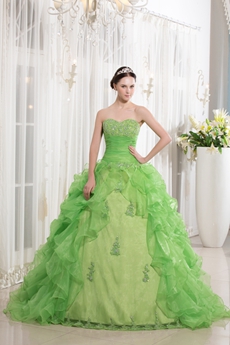 Beautiful Dipped Neckline Ball Gown Ruffled Organza Lime Green Quinceanera Dress