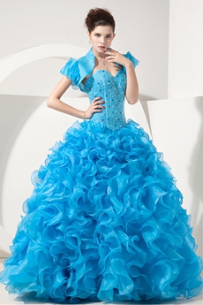Sassy Sweetheart Ball Gown Organza Blue Ruffled Quinceanera Dress With Short Sleeves Bolero 