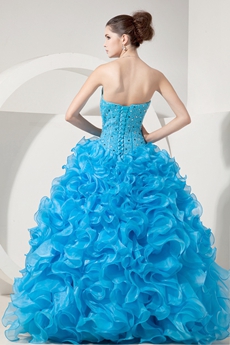 Sassy Sweetheart Ball Gown Organza Blue Ruffled Quinceanera Dress With Short Sleeves Bolero 