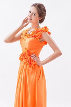 Asymmetrical Straps Column Full Length Orange Chiffon Prom Gown 