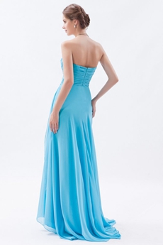 Sassy Sweetheart A-line Full Length Blue Chiffon Evening Dress Front Slit 