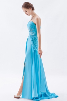 Sassy Sweetheart A-line Full Length Blue Chiffon Evening Dress Front Slit 