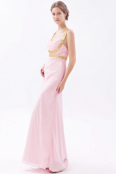 Grossed Straps Back Pink Chiffon Graduation Dress For College 