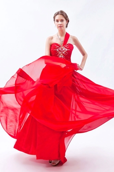 Flowing One Shoulder A-line Red Chiffon Formal Evening Gown 