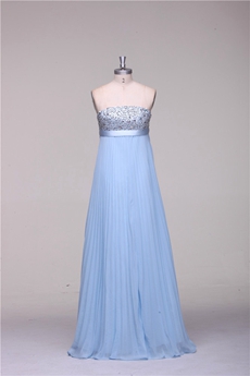 Pretty Strapless Empire Full Length Light Sky Blue Maternity Prom Dress With Beads 