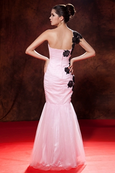 Terrific One Shoulder Trumpet/Mermaid Pink Quinceanera Dress With Black Appliques 