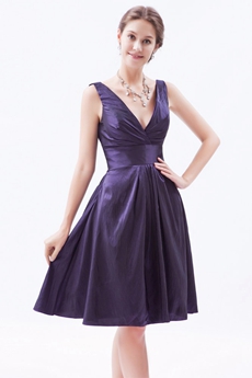 Plunge Neckline A-line Knee Length Violet Taffeta Wedding Guest Dress 
