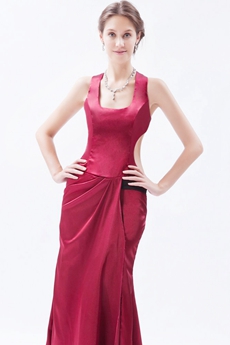 Scoop Column Full Length Red Evening Dress Side Slit 