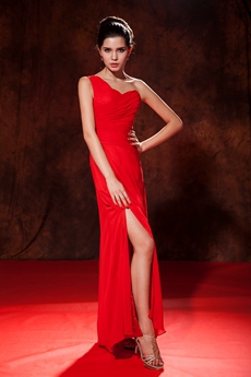 Trendy One Shoulder Column Red Chiffoon Long Graduation Dress 