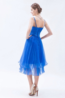 Spaghetti Straps Tea Length Royal Blue Junior Prom Dress 