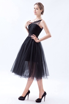 One Shoulder Puffy Tea Length Black Tulle Junior Prom Dress 