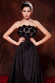 Tea Length Taffeta Black Junior Prom Dress With Floral Bust 