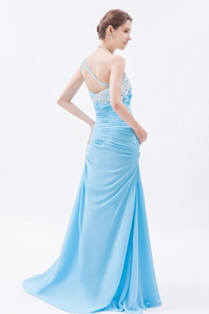 Special One Straps A-line Chiffon Full Length Blue Prom Gown 