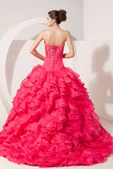 Exquisite Sweetheart Ball Gown Organza Hot Pink Quinceanera Dress Corset Back 