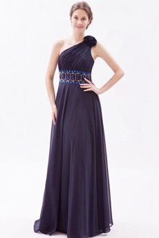 Modest One Shoulder Column Dark Navy Prom Dress With Royal Blue Beads 