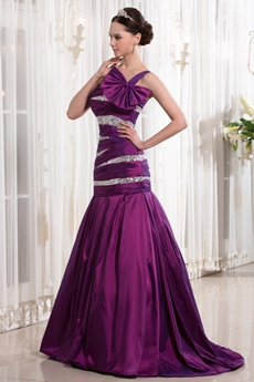 Mysterious Single Straps Dropped Waist Full Length Purple Prom Gown With Sequins  