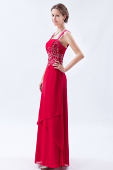 Double Straps Column Red Chiffon Embroidery Prom Dress For Juniors 
