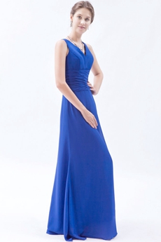 Simple V-Neckline Column Full Length Royal Blue Bridesmaid Dress 