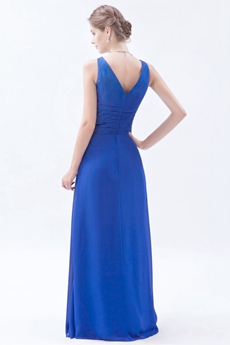 Simple V-Neckline Column Full Length Royal Blue Bridesmaid Dress 