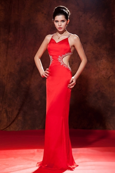 Sexy Crossed Straps Back Sheath Full Length Red Evening Gown 