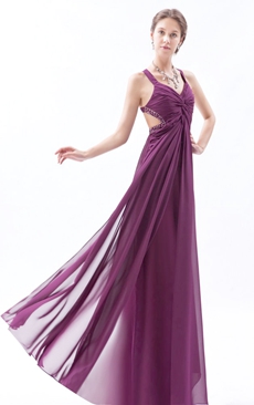 Crossed Straps Column Floor Length Grape Colored Evening Dress 