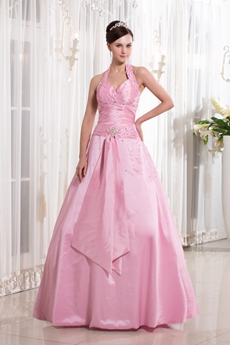 Affordable Top Halter V-Neckline Ball Gown Full Length Pink Sweet 15 Dress