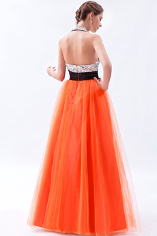 Modern Halter Silver & Orange Princess Quinceanera Dress With Black Sash 