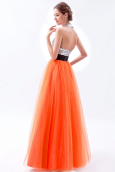 Modern Halter Silver & Orange Princess Quinceanera Dress With Black Sash 
