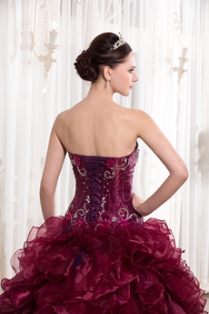 Gothic Strapless Neckline Ball Gown Full Length Burgundy Organza Quinceanera Dresses With Folded Skirt 