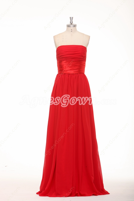 Simple Strapless Red Chiffon Bridesmaid Dress 