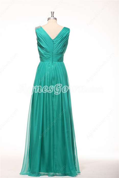 V-Neckline Straight Full Length Teal Colored Bridesmaid Dress 