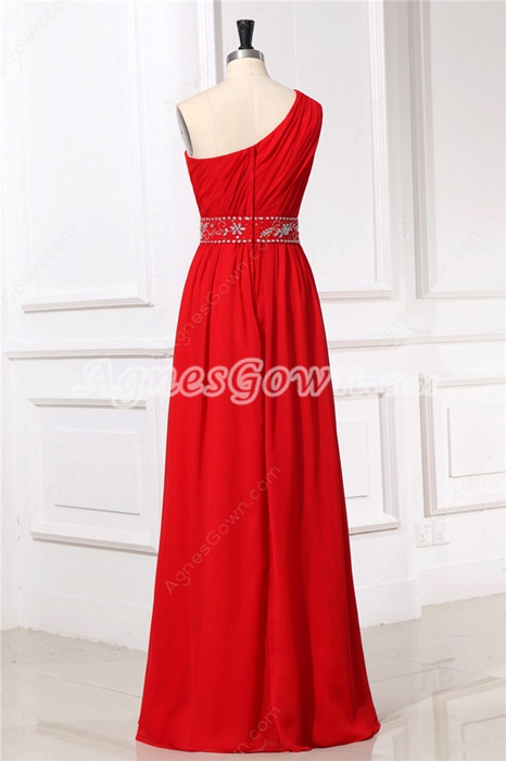 Simple One Shoulder Column Red Chiffon Bridesmaid Dress