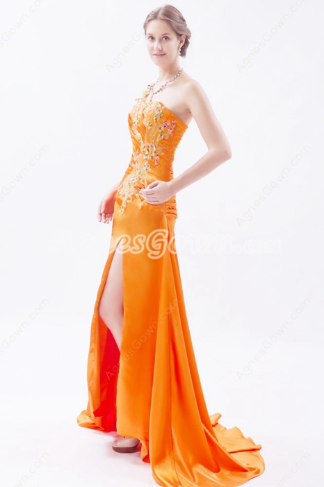 Wonderful One Straps Burnt Orange Celebrity Evening Dress High Slit 