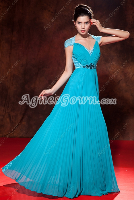 Cap Sleeves Illusion Back Full Length Turquoise Formal Evening Dress 