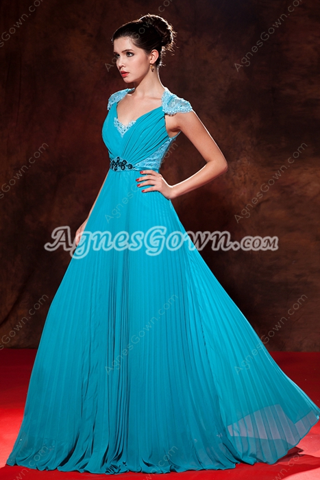Cap Sleeves Illusion Back Full Length Turquoise Formal Evening Dress 