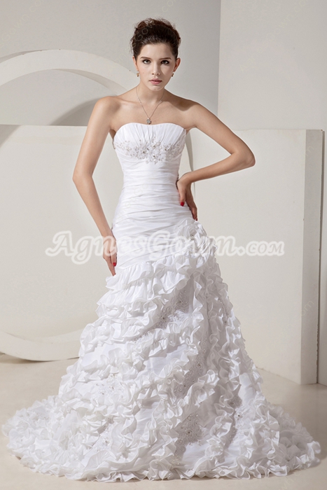 Terrific Dipped Neckline White Taffeta Ruffled Wedding Dress Corset Back 