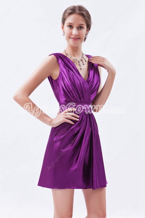 V-Neckline Short Length Plum Colored Nightclub Dress 