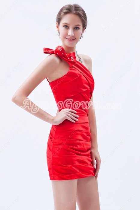 Sheath Mini Length One Straps Red Cocktail Gown 