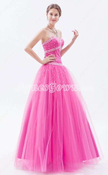 Shallow Sweetheart Hot Pink Tulle Princess Vestidos de Quinceanera Dress