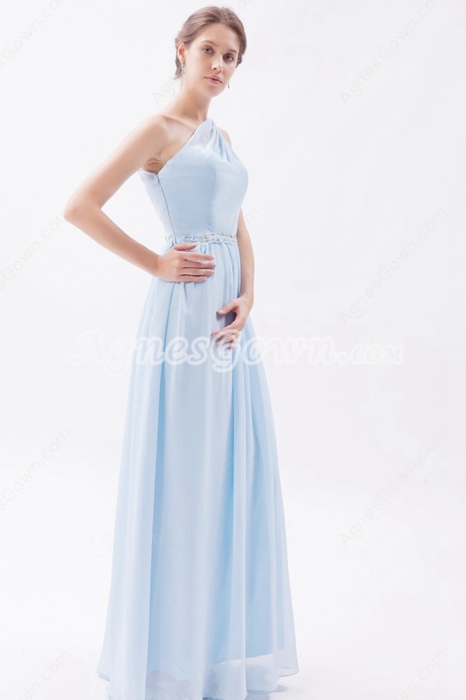 Noble One Shoulder Chiffon Light Sky Blue Bridesmaid Dress 